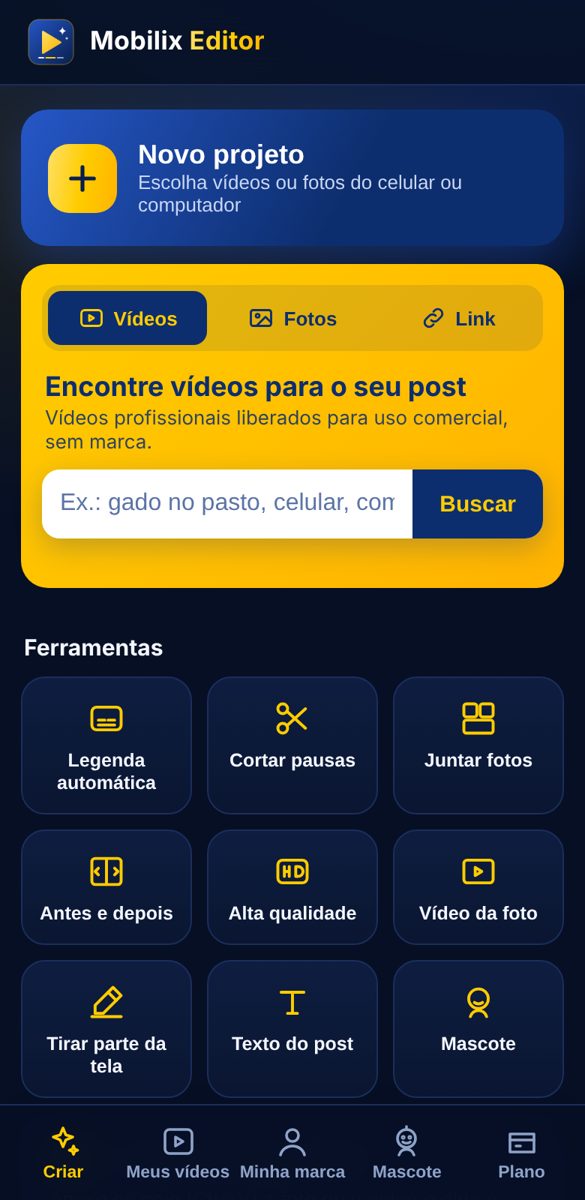 Tela do Mobilix Editor no celular